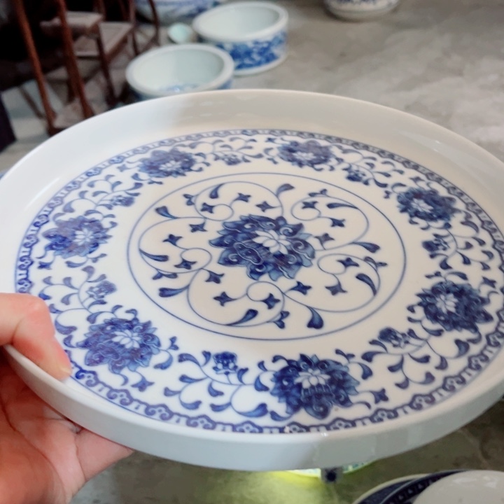 青花玲珑缠枝莲大茶盘小*哥