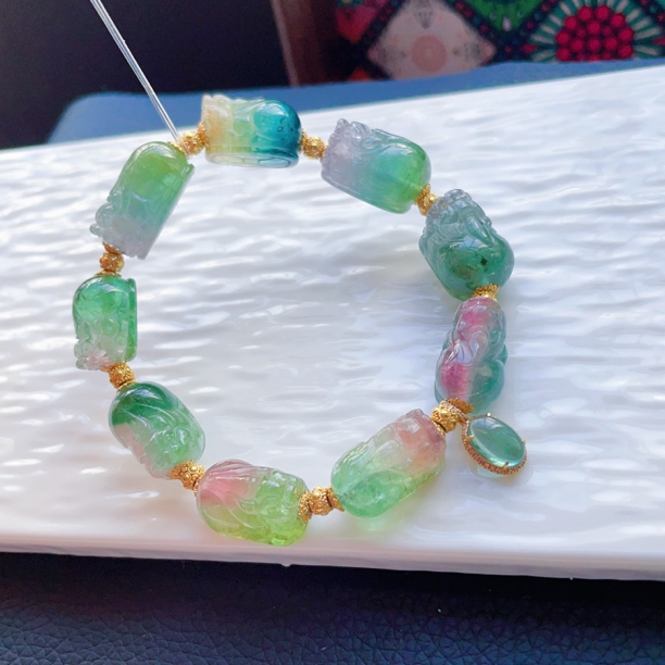 纯天然西瓜碧玺貔貅手链聚宝盆西瓜碧玺手链貔貅手链雕刻款式