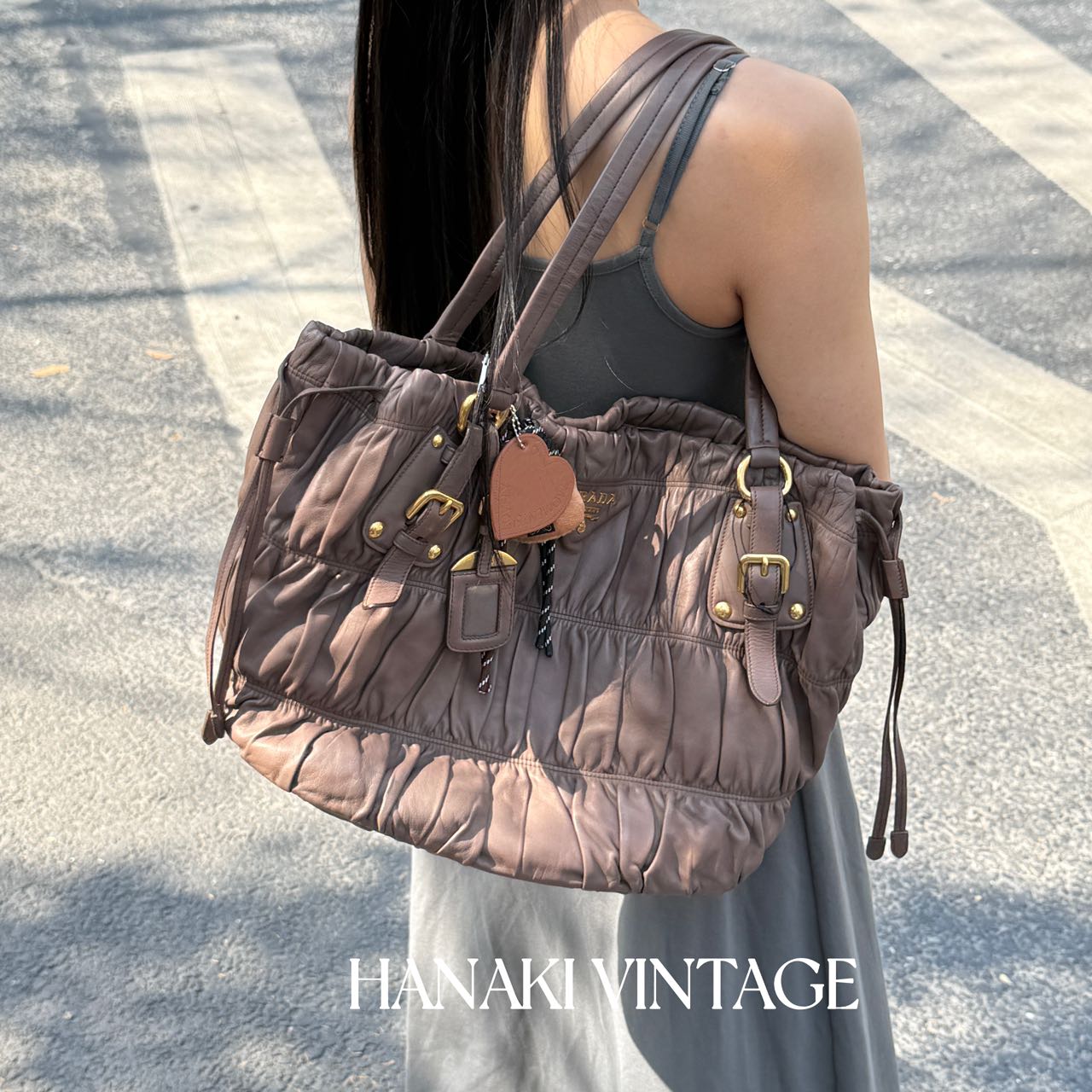 95新 Prada/普拉达 花绮中古/Prada咖色皱褶托特单肩包