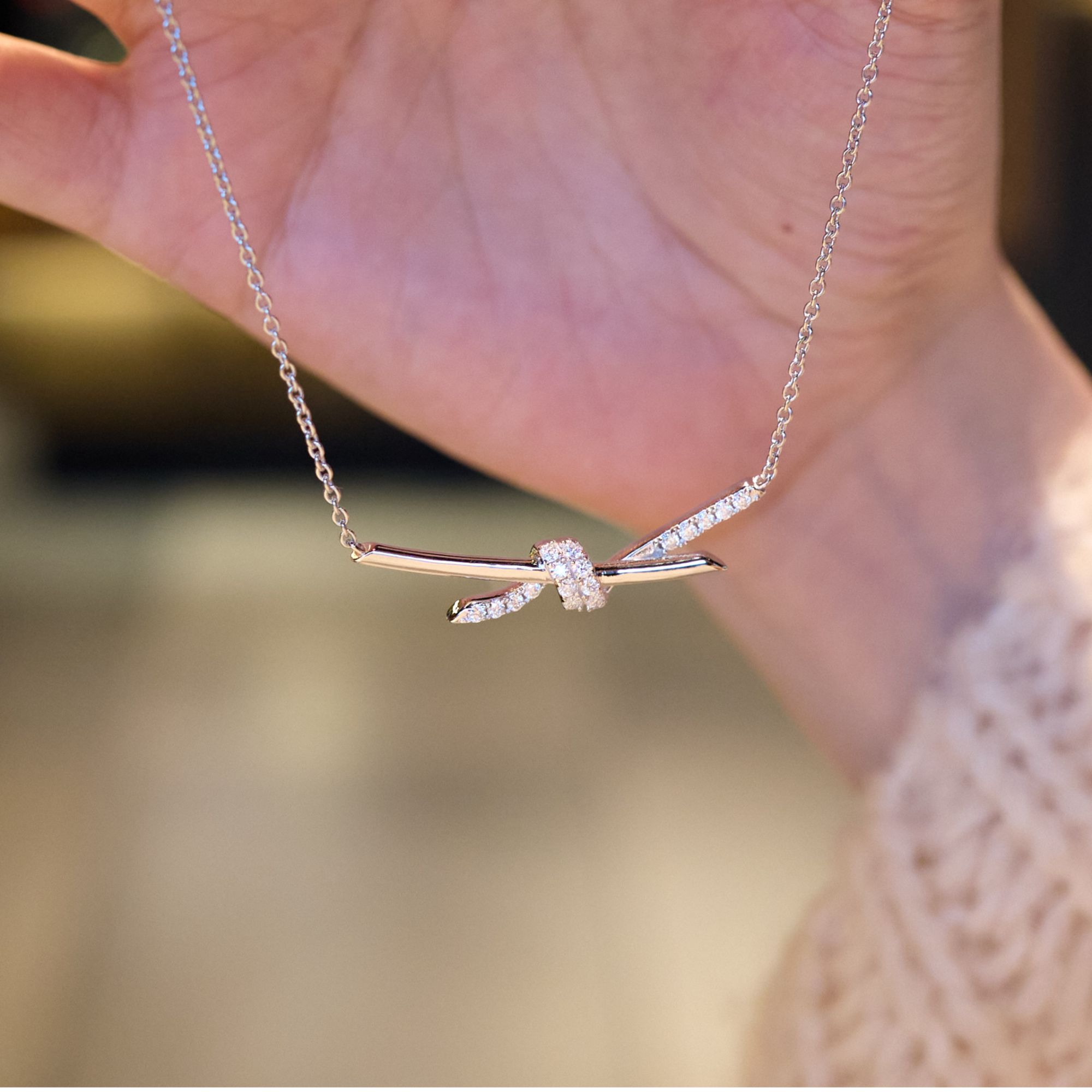 坠链均925银 满镶绳结 银项链百搭时尚小众简约金色甜美