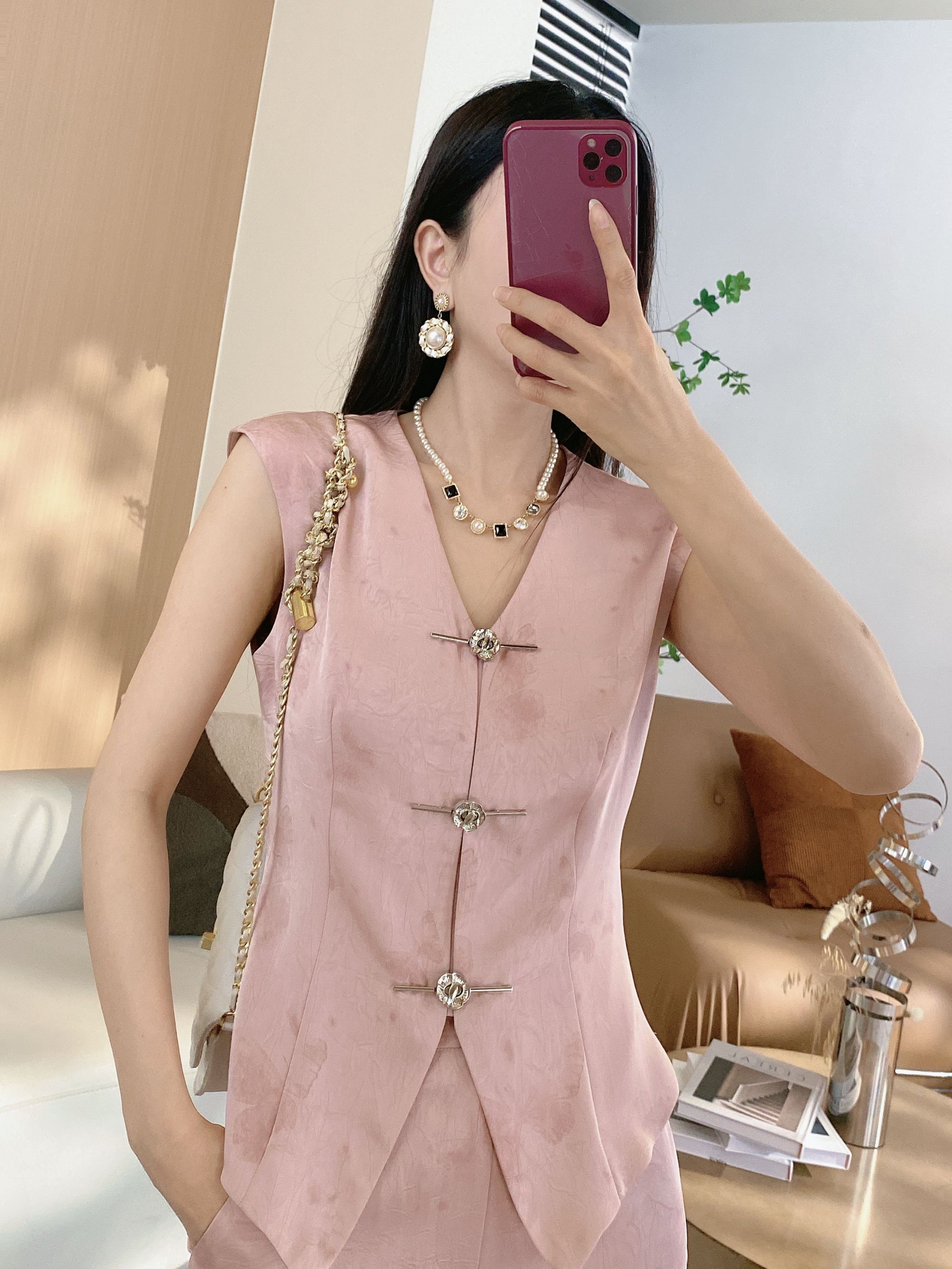 坎肩袖国风蝴蝶提花上衣+两侧松紧阔腿裤两件套3380