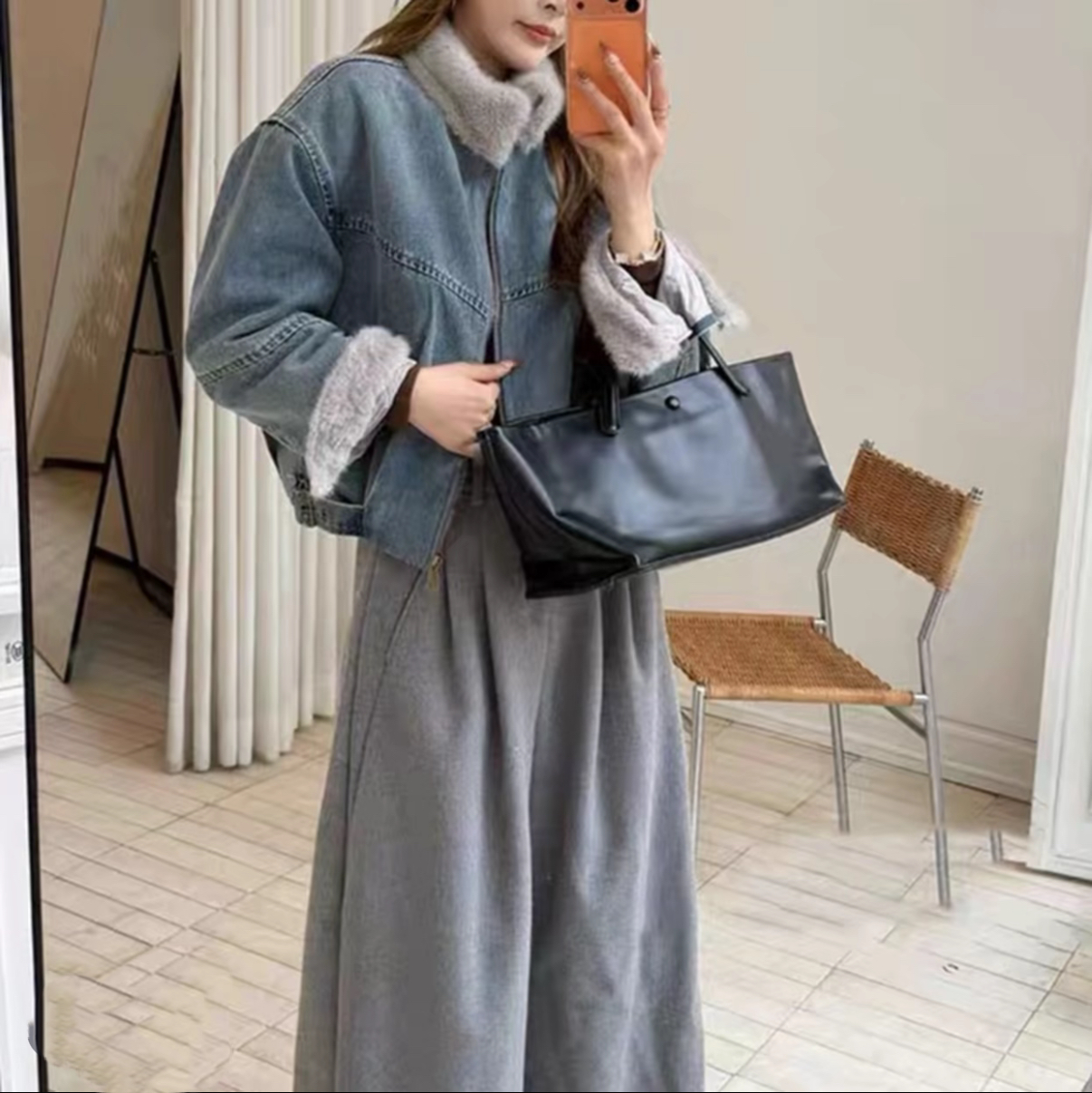 3瑶瑶原创-加绒加厚牛仔女冬季毛毛拼接棉服派克服QK6033