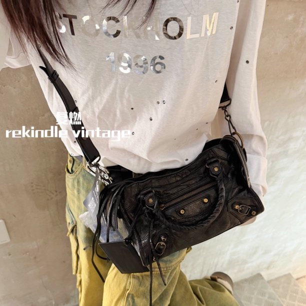 95新 Balenciaga/巴黎世家 复燃精选/黑枪色油蜡皮citymini机车