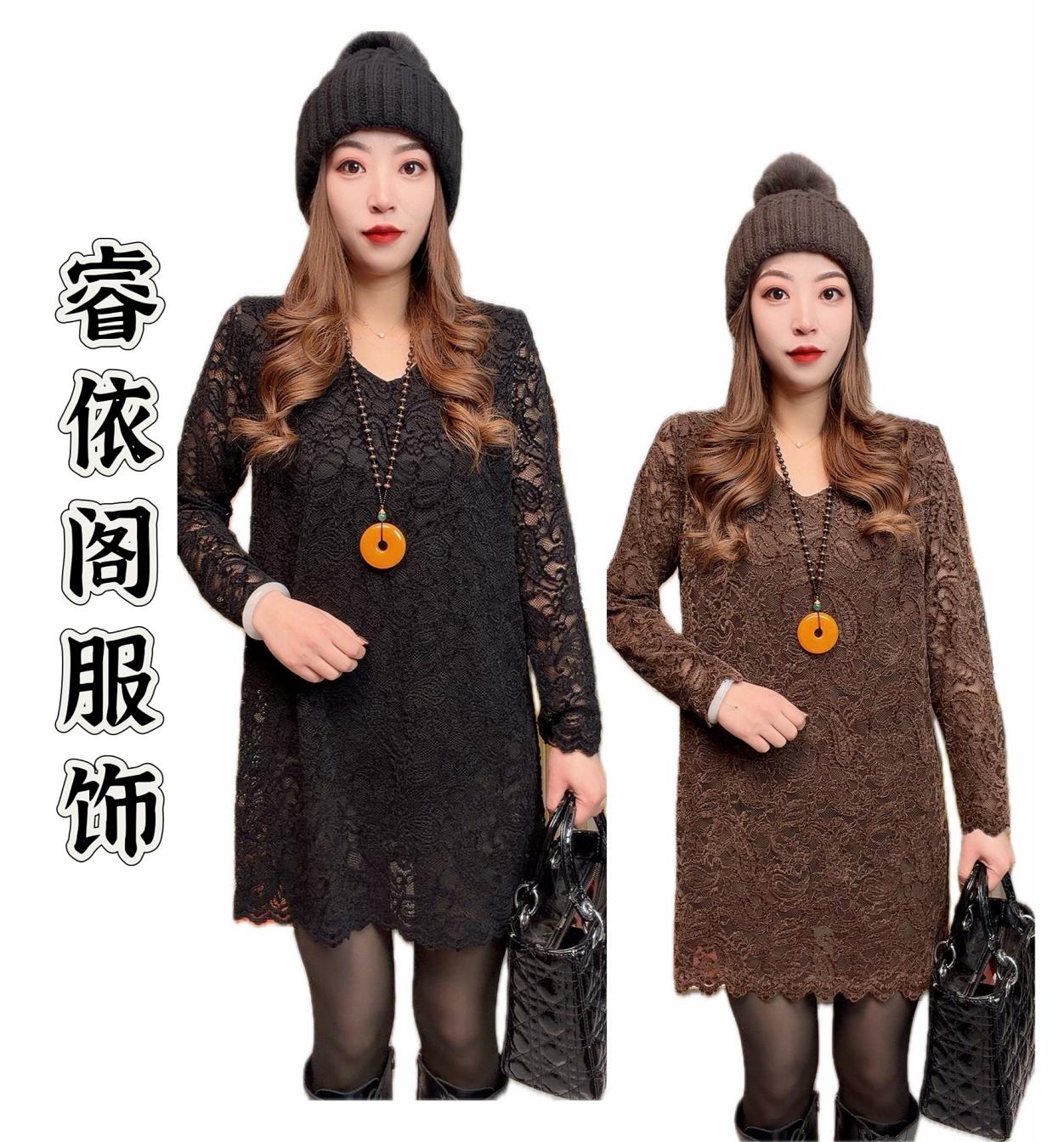 睿依阁 纯色丝绒提花中长款蕾丝连衣裙