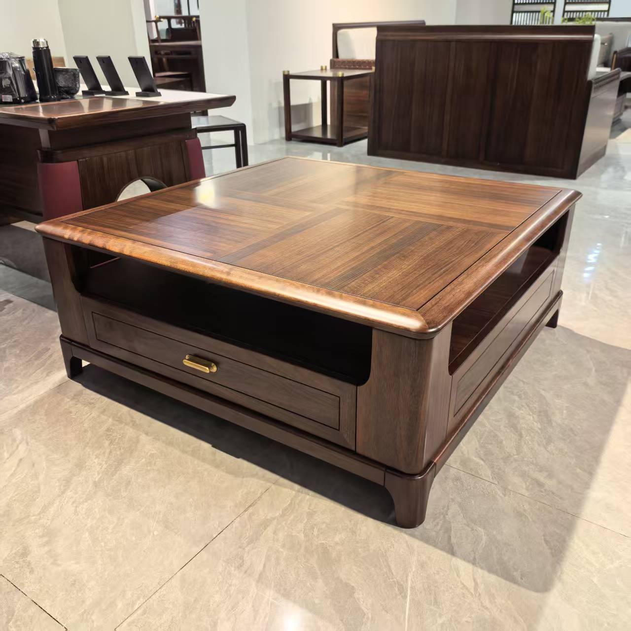 【品牌库存】1200*1200*480 乌金木客厅新中式实木大方茶几轻奢