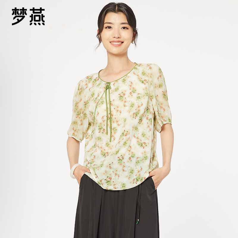 梦燕夏季女时尚百搭气质优雅印花圆领宽松休闲舒适衬衫BA03B4539