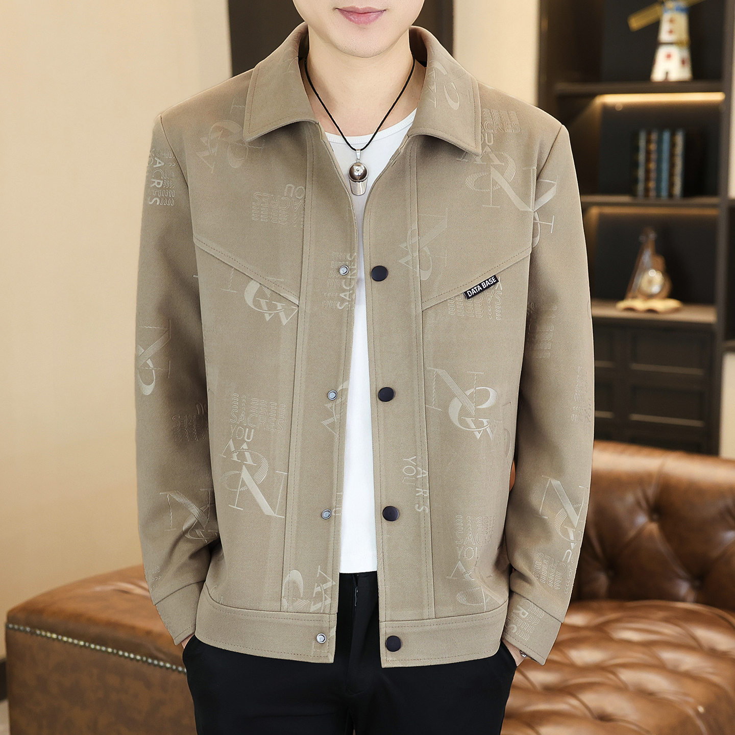 春秋新款外套拼接印花翻领长袖厚款纯色夹克時尚男士外套春秋外套