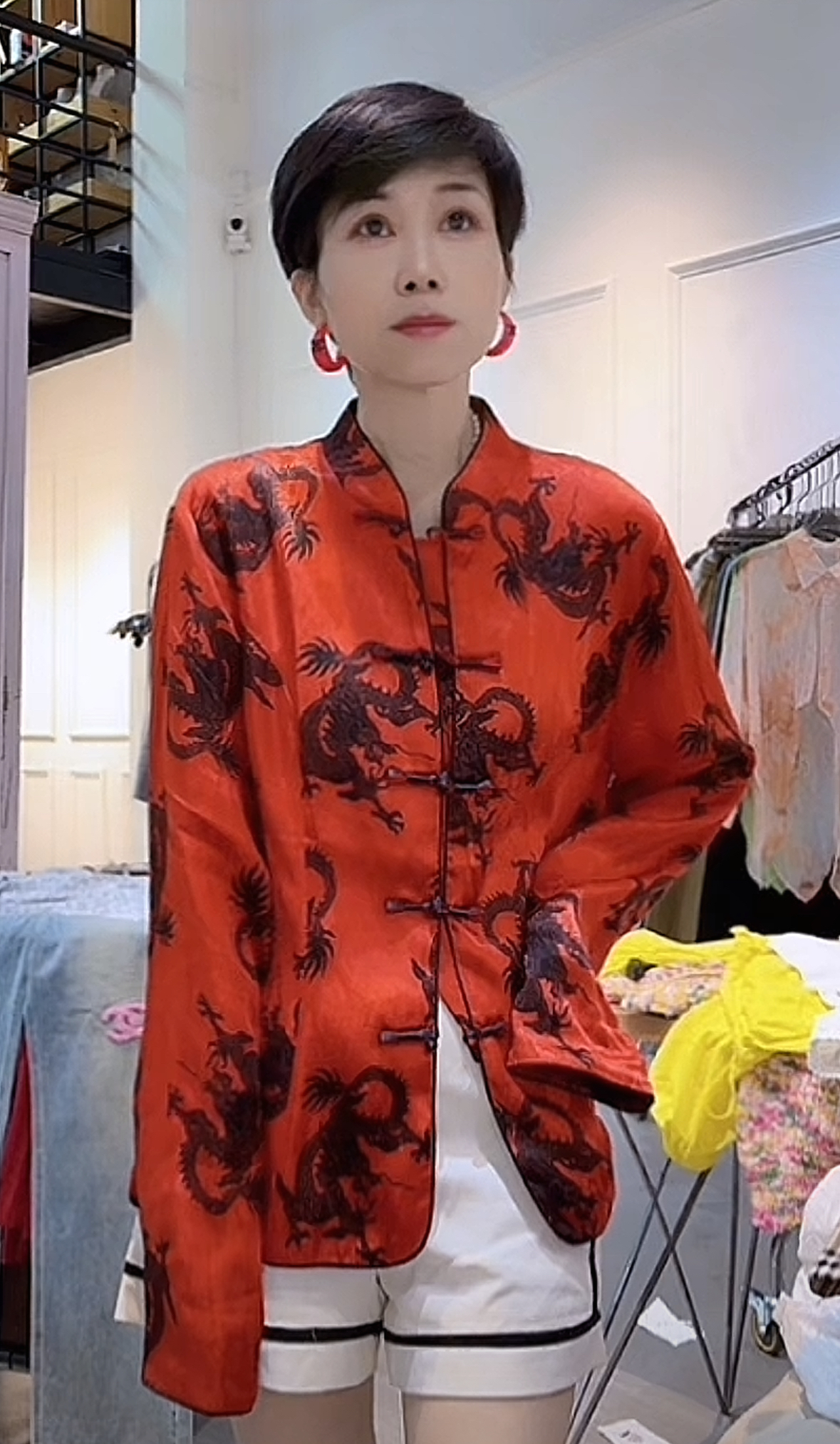 小立领花罗龙印花国风长袖衬衫-果梓9085