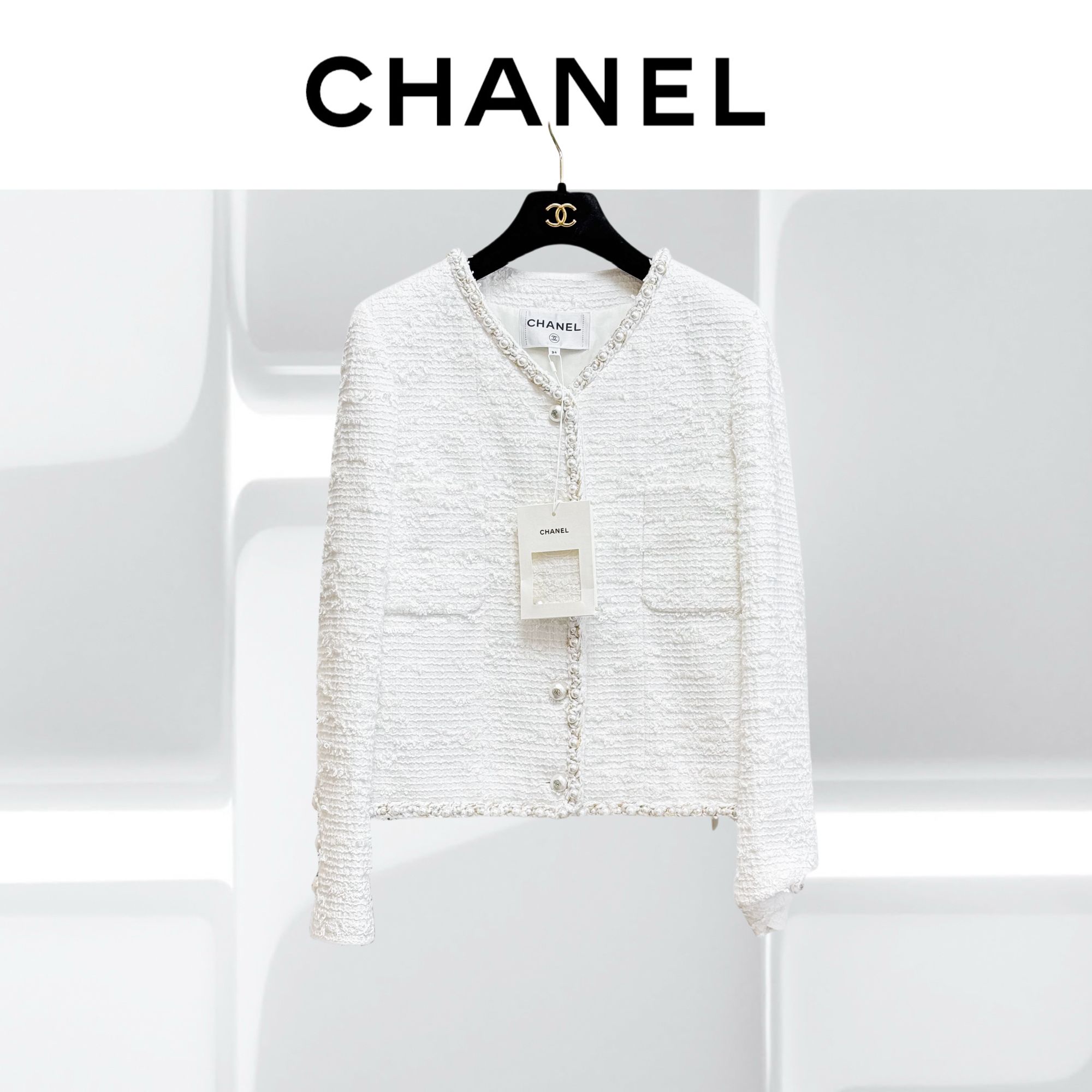99新 Chanel/香奈儿 34码25P爆款金线珍珠滚边白色粗花呢外套