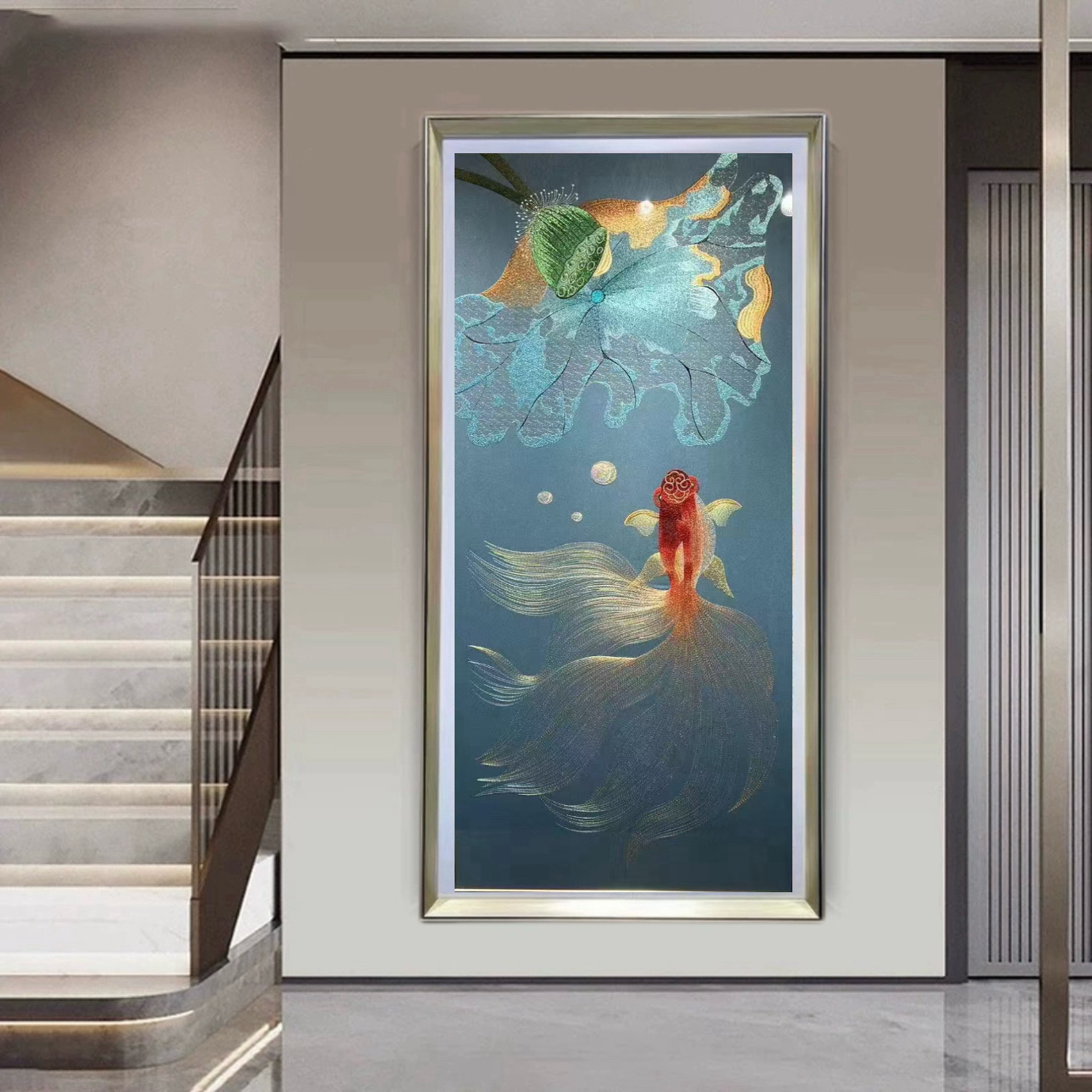 高货刺绣锦鲤送福图中式沙发背景装饰画适合客厅书房