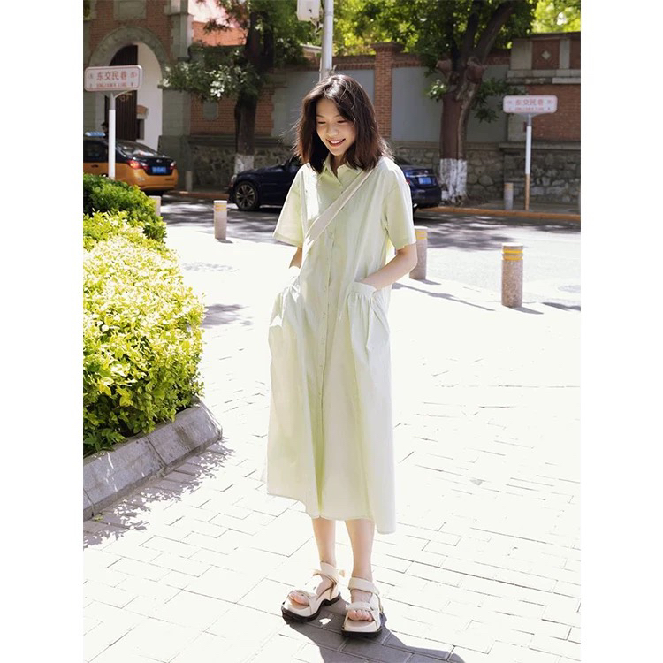 短袖中衬衫裙法式米黄压褶连衣裙法式宽松小清新
