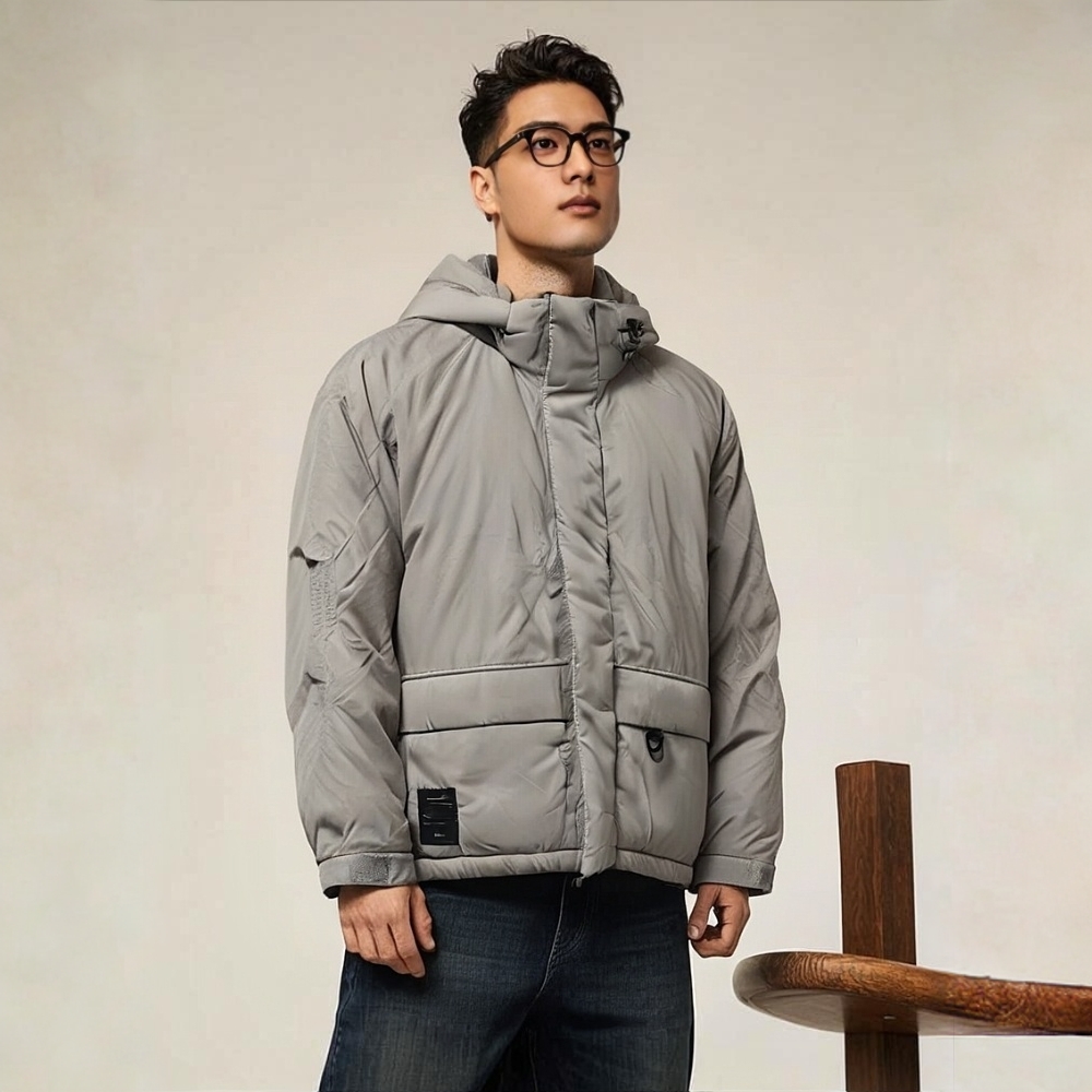 男士新款收口袖保暖纯色连帽极简风厚款拉链外穿~剪标