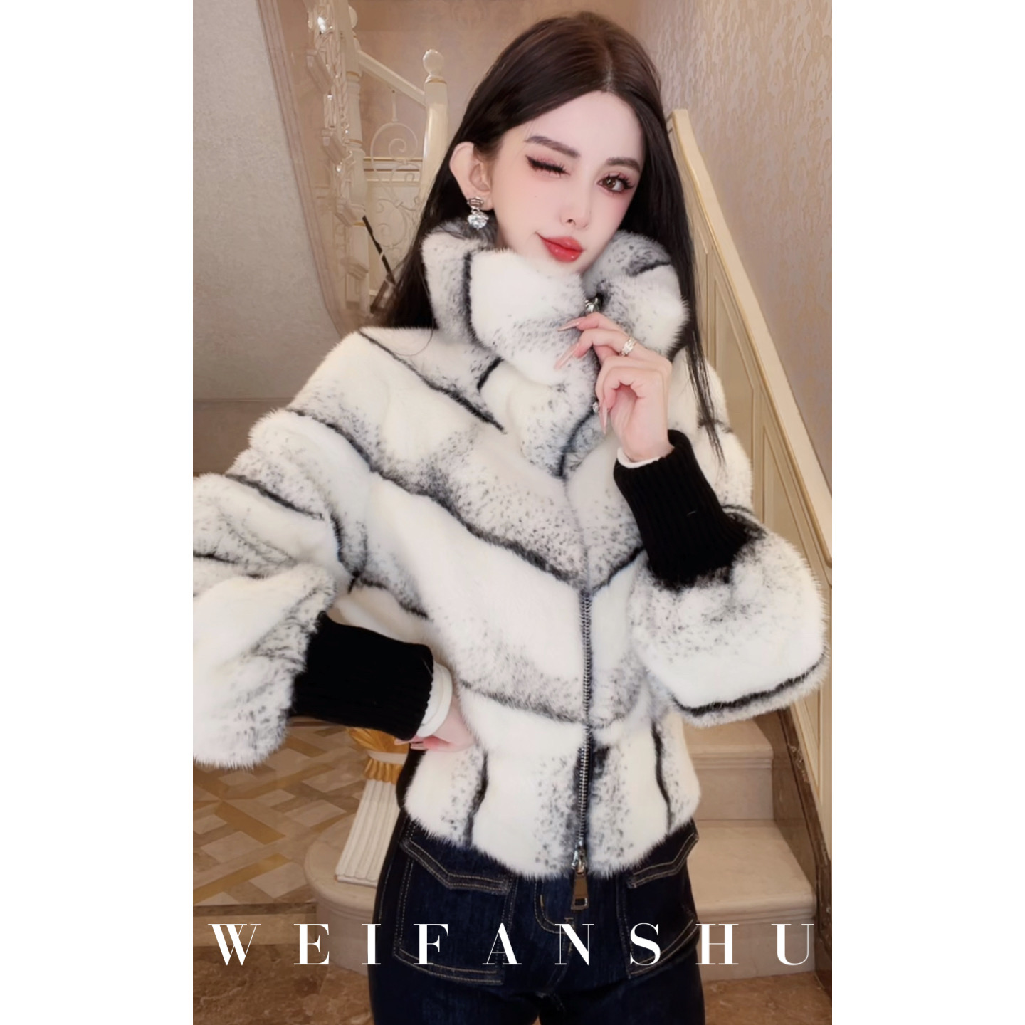 WEIFANSHU/魏凡舒【静安贵妇】哥本哈根天鹅绒皇冠短二水貂皮草外套