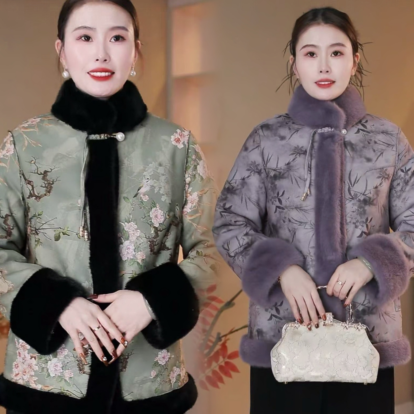 （双面双穿）冬季新款立领中长款时尚中老年女装外套一体毛毛加厚