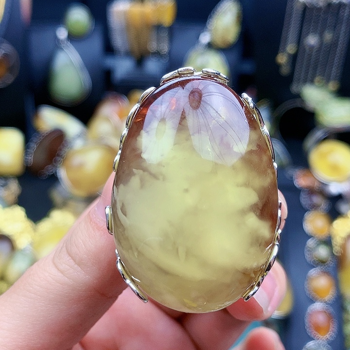 琥珀裸石银S925镶嵌戒指