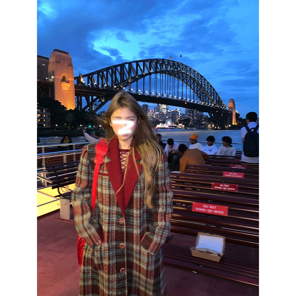 澳洲嗲女 红蓝复古格纹中长款夹棉毛呢外套女高级格纹呢子大衣女