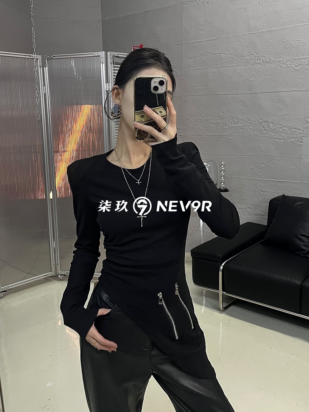 【NEV9R】街头辣妹重工长款T恤不规则设计小众时尚百搭紧身修身