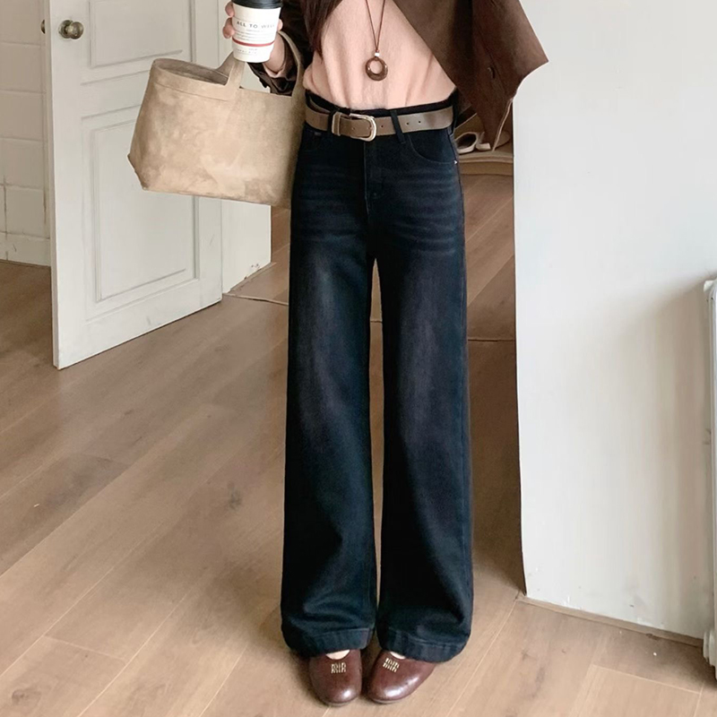 秋冬季新款加厚窄版直筒长裤显瘦弹力休闲高腰女牛仔裤