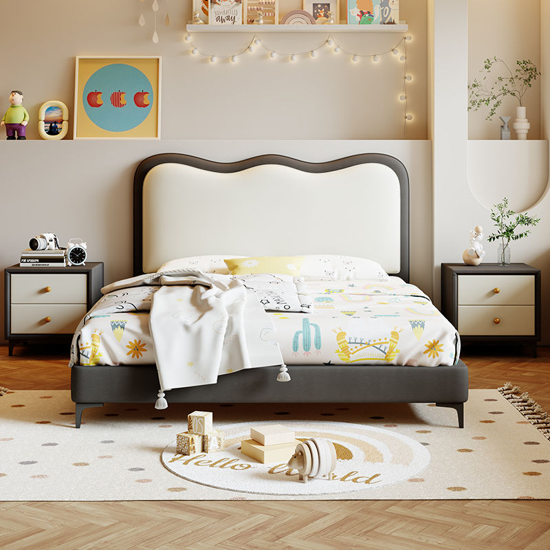 奶油风儿童床男孩单人床简约现代软靠床新款饼干床储物皮床