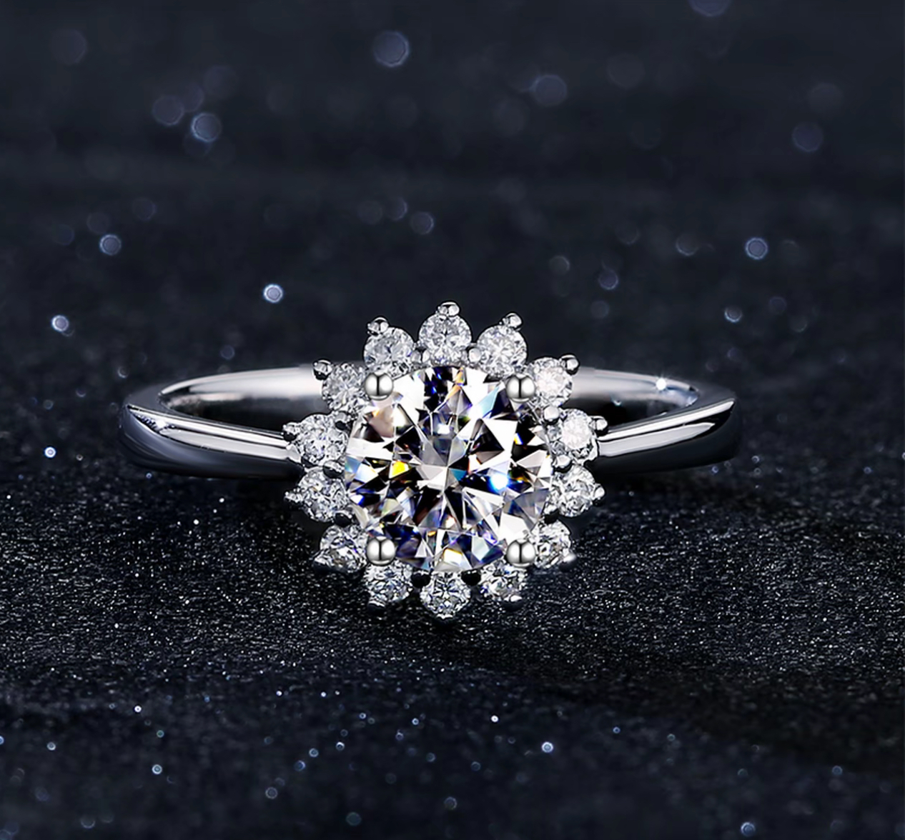 925银莫桑石戒指 【太阳花】简单经典闭口百搭/合成碳硅石银戒