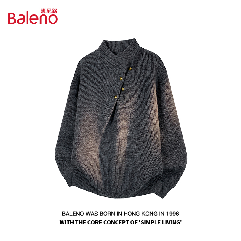 班尼路复古老钱风不规则纽扣设计高领毛衣男秋冬季重磅保暖针织衫
