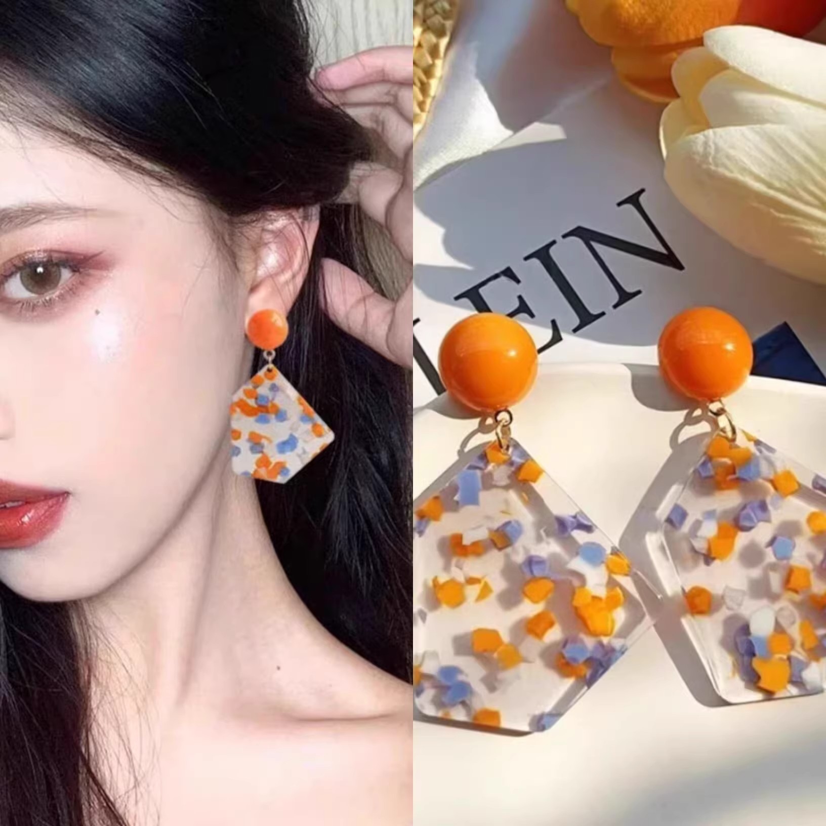 非金属树脂耳饰 夏日橘子汽水透明几何耳环橙蓝色碎花小清新少女