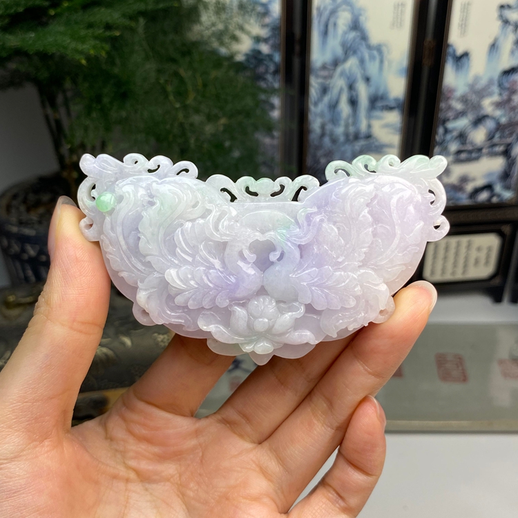 紫罗兰飘绿春彩凤穿牡丹玉横挂件 天然翡翠A货
