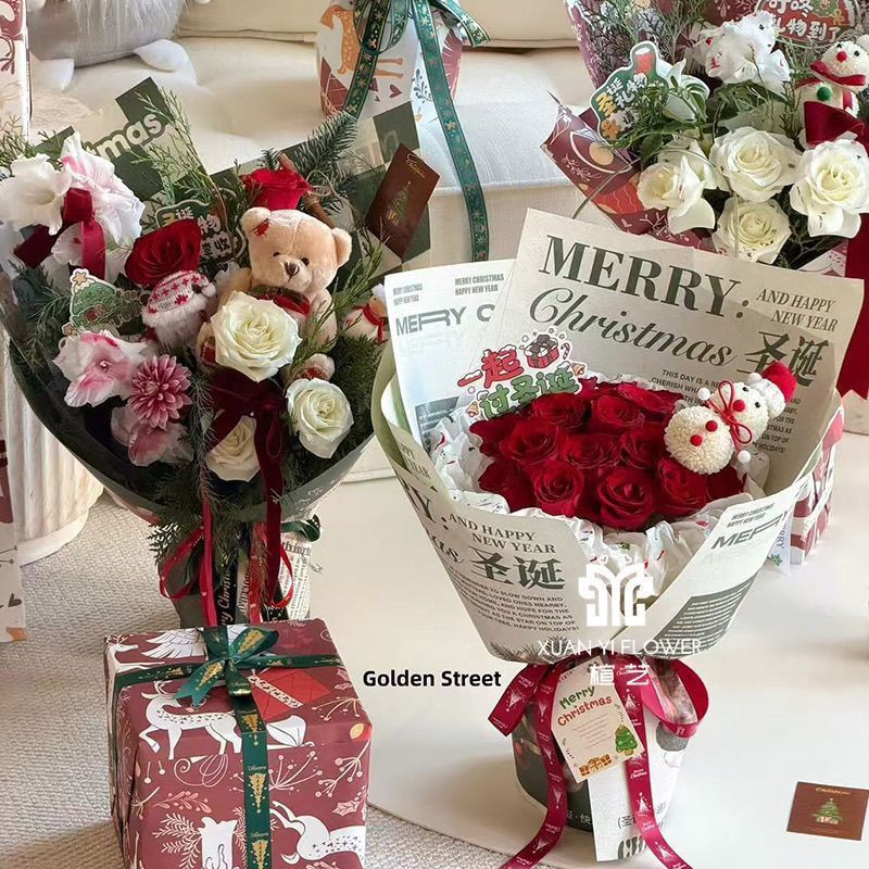 圣诞节复古风包装纸鲜花礼物牛皮纸圣诞老人平安夜苹果花束包花纸