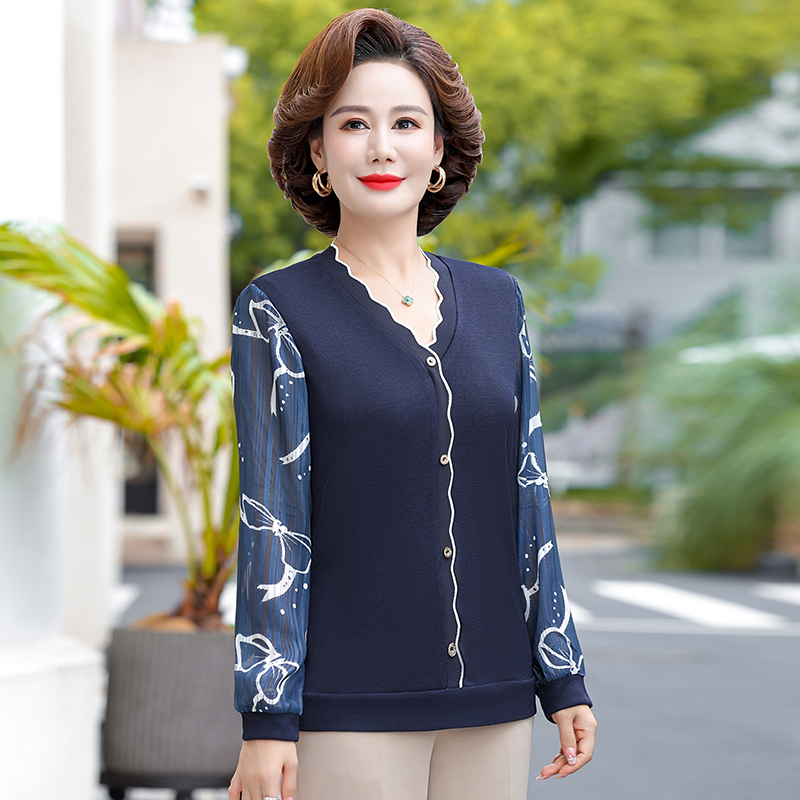 新款中年妈妈春秋装上衣洋气T恤气质小衫中老年女装短款薄款打底
