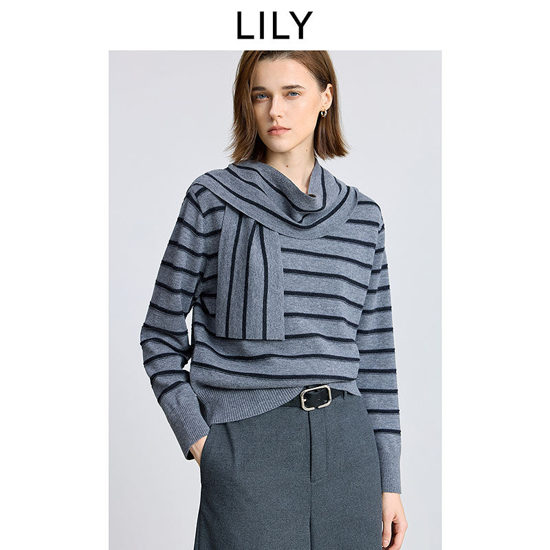 100%美丽诺羊毛LILY2025冬新款撞色条纹灰色针织衫女125409TK921