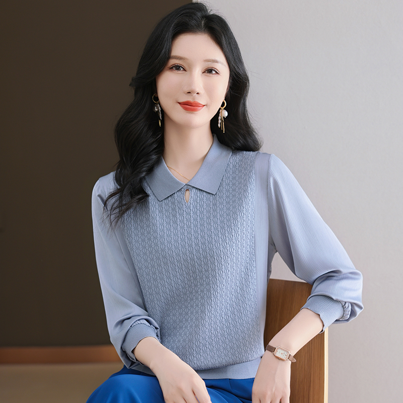 YILI春秋纯色女时尚气质百搭小心机镂空拼接毛针织衫F960