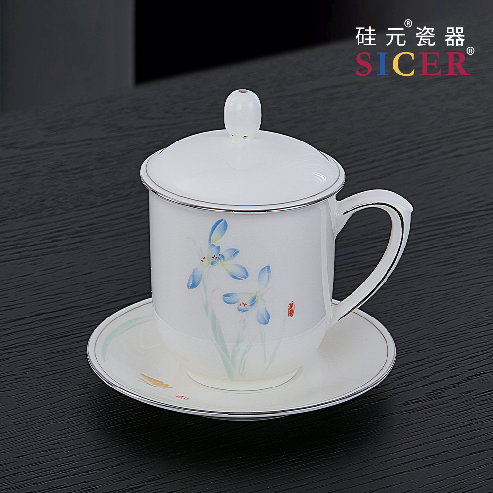 【兰馨杯】硅元瓷器 盖杯茶杯喝茶陶瓷高石英瓷中式国风盖杯