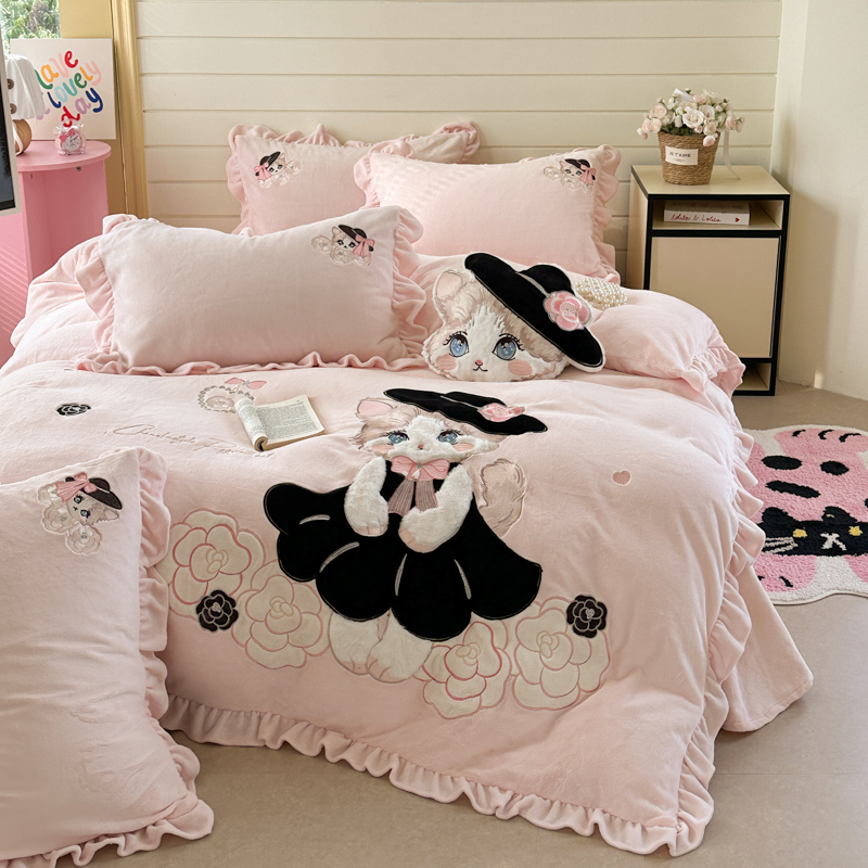 冬季儿童卡通可爱少女心加厚保暖牛奶绒四件套珊瑚绒a类床单被套