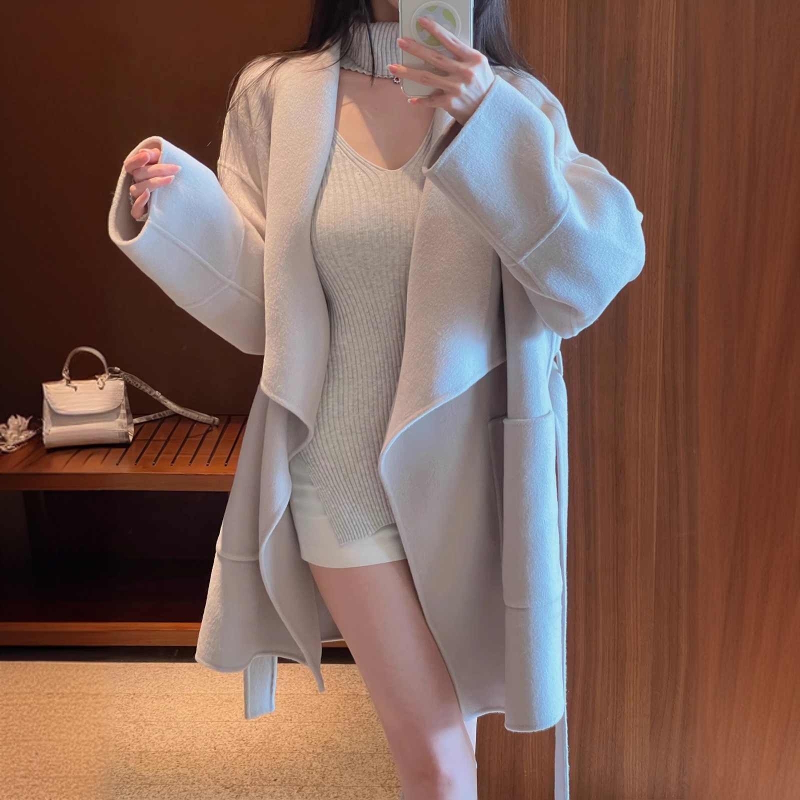 【PX2303915】双面尼大衣斑鸠灰美国小众翻领宽松中长款冬季呢外套