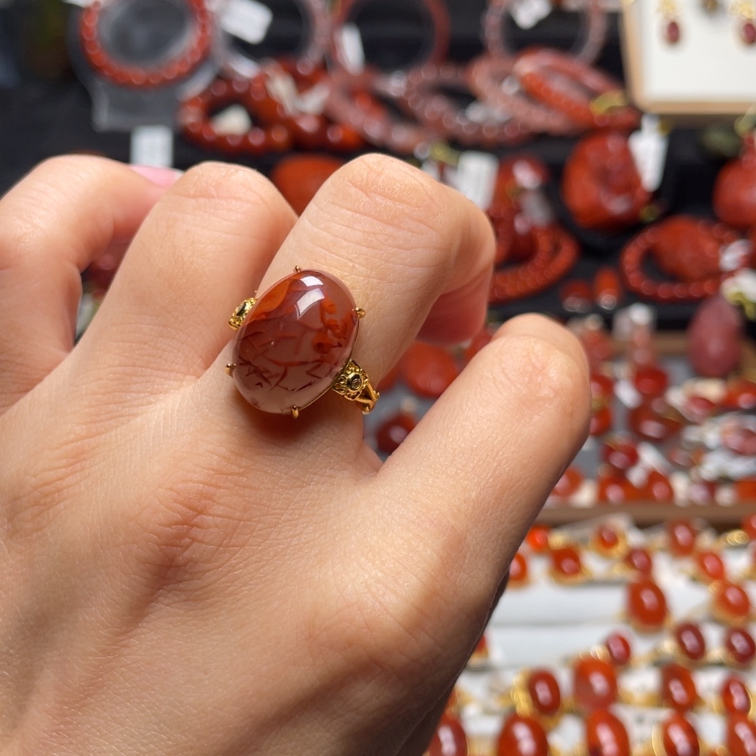 南红玛瑙银S925镶嵌火焰纹戒指