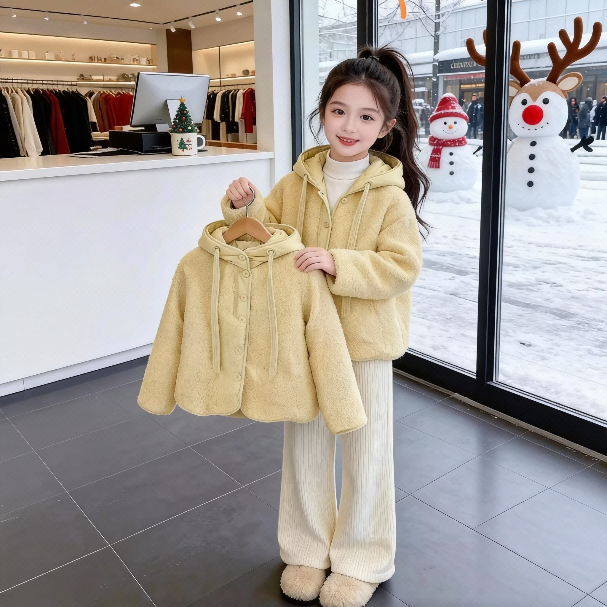 【丸子家】女童冬季新款加绒加厚保暖棉服毛毛衣新款连帽外套
