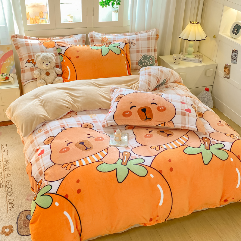 冬季高克重牛奶绒印花床品四件套被套双面绒加厚床单被罩床上套件