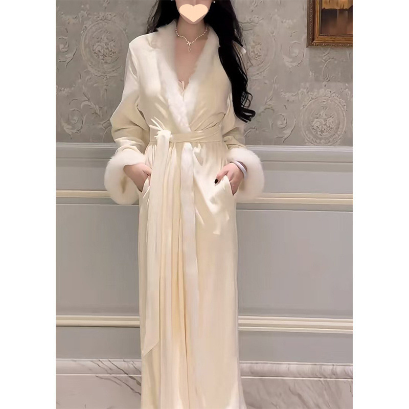 2025新款秋冬睡袍女法式高级感花边毛茸茸气质显瘦浴袍家居服