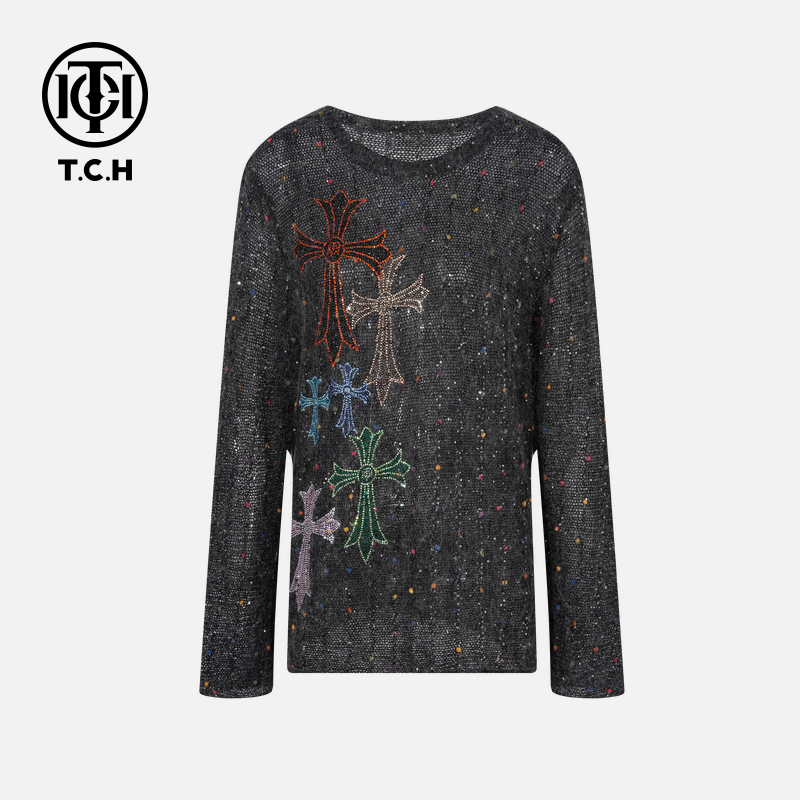 TCH私服烫钻工艺时尚秋季纯欲慵懒风针织衫女T75C09E5089轻奢tch