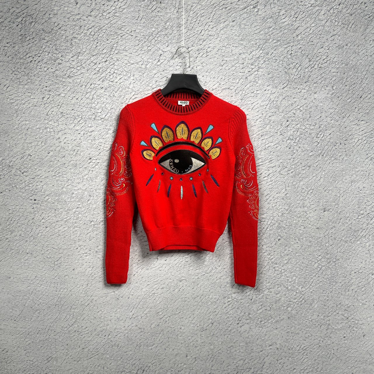 98新  KENZO 肯佐红色眼睛图案刺绣毛衣/S