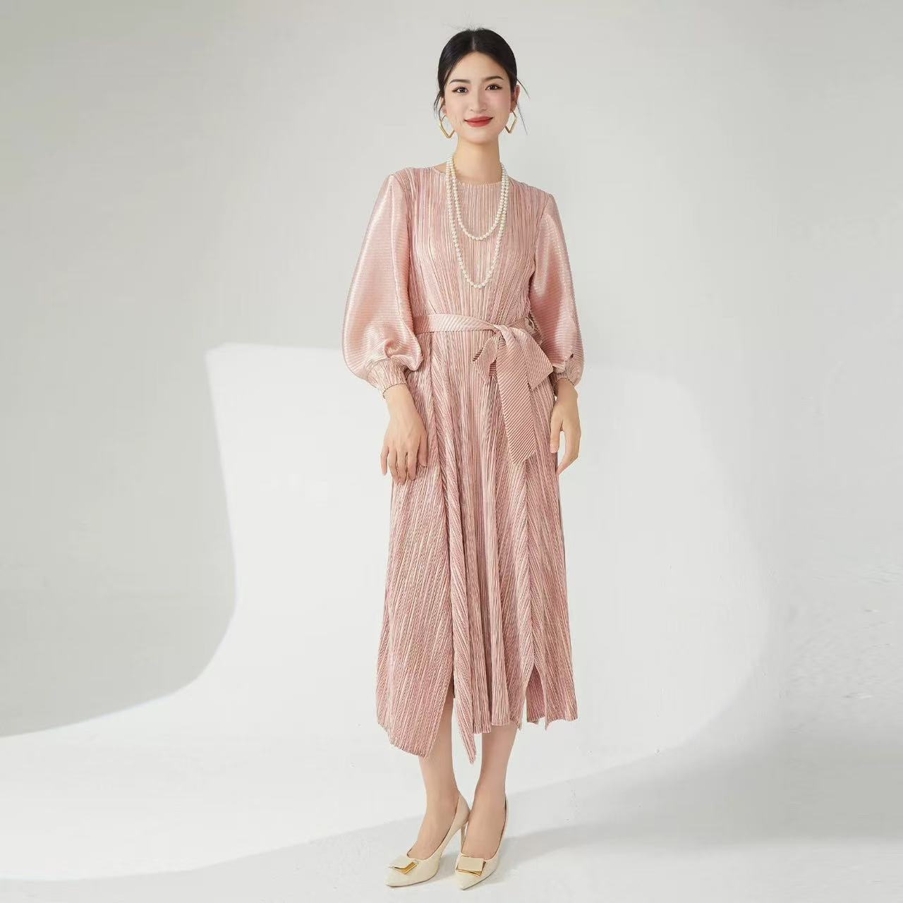 K528灯笼袖褶皱四季通用高弹力长袖大码连衣裙中长裙高腰