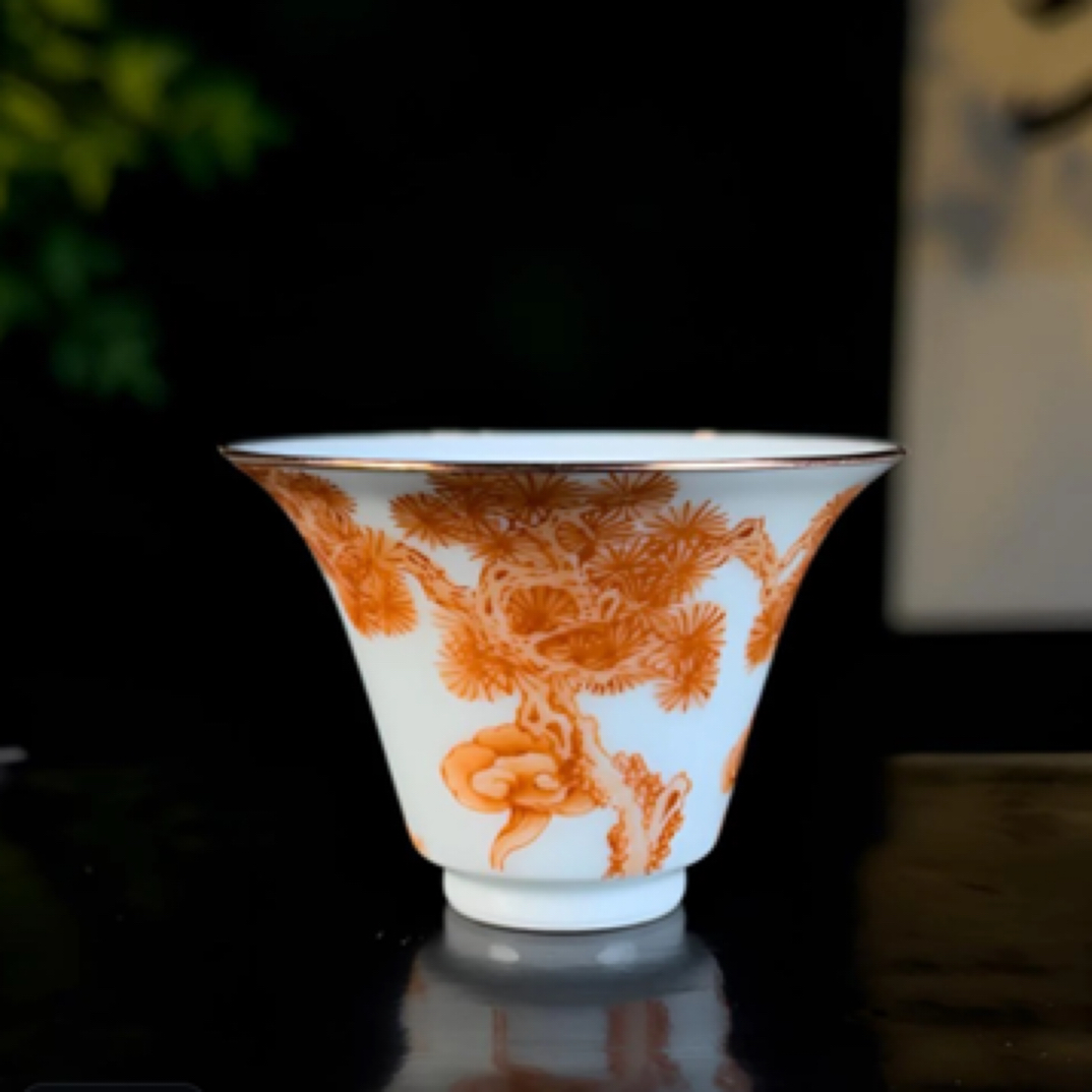 手工手绘松鹤诗文包铜口50毫升主人杯