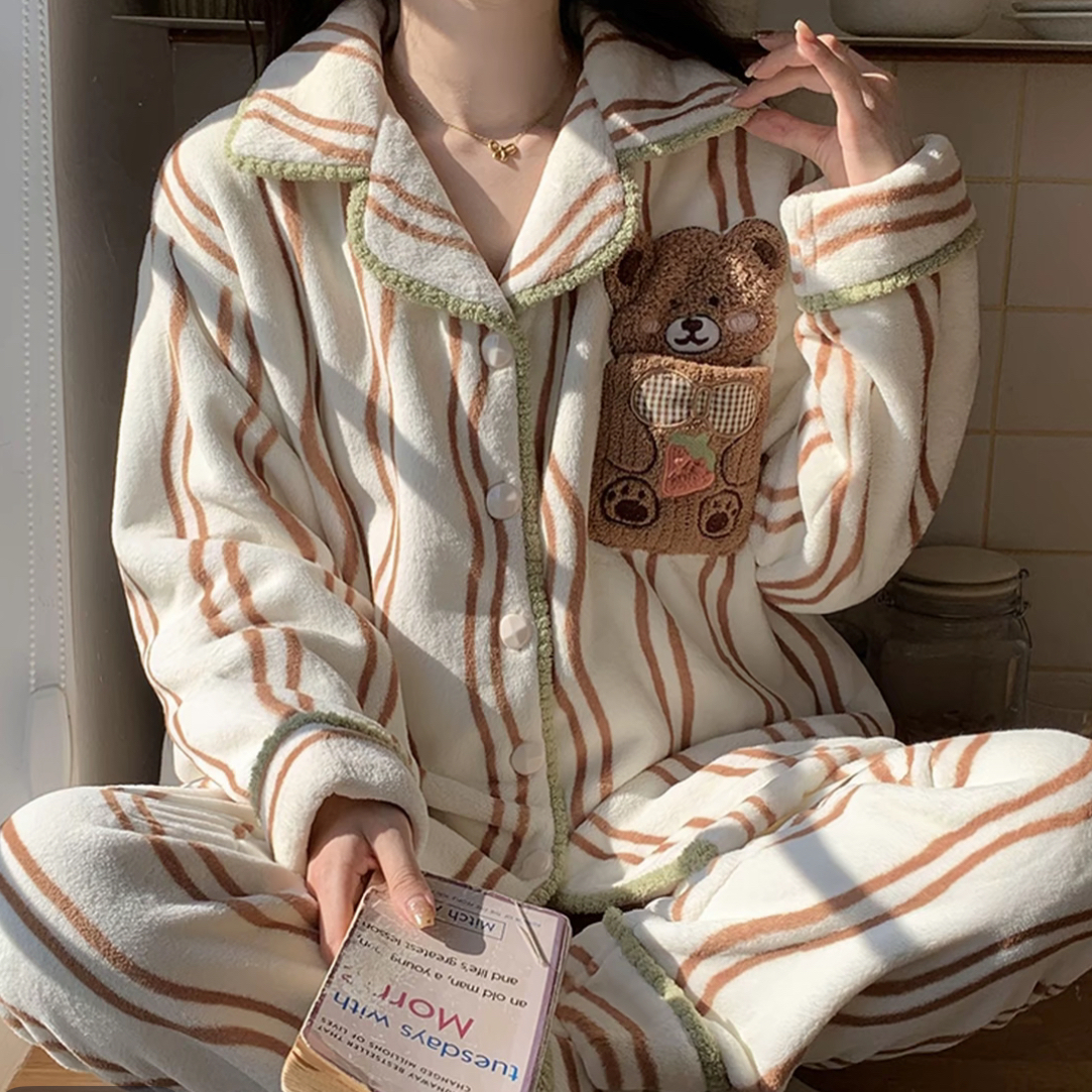 条纹小熊加厚女秋冬季可爱保暖睡衣家居服