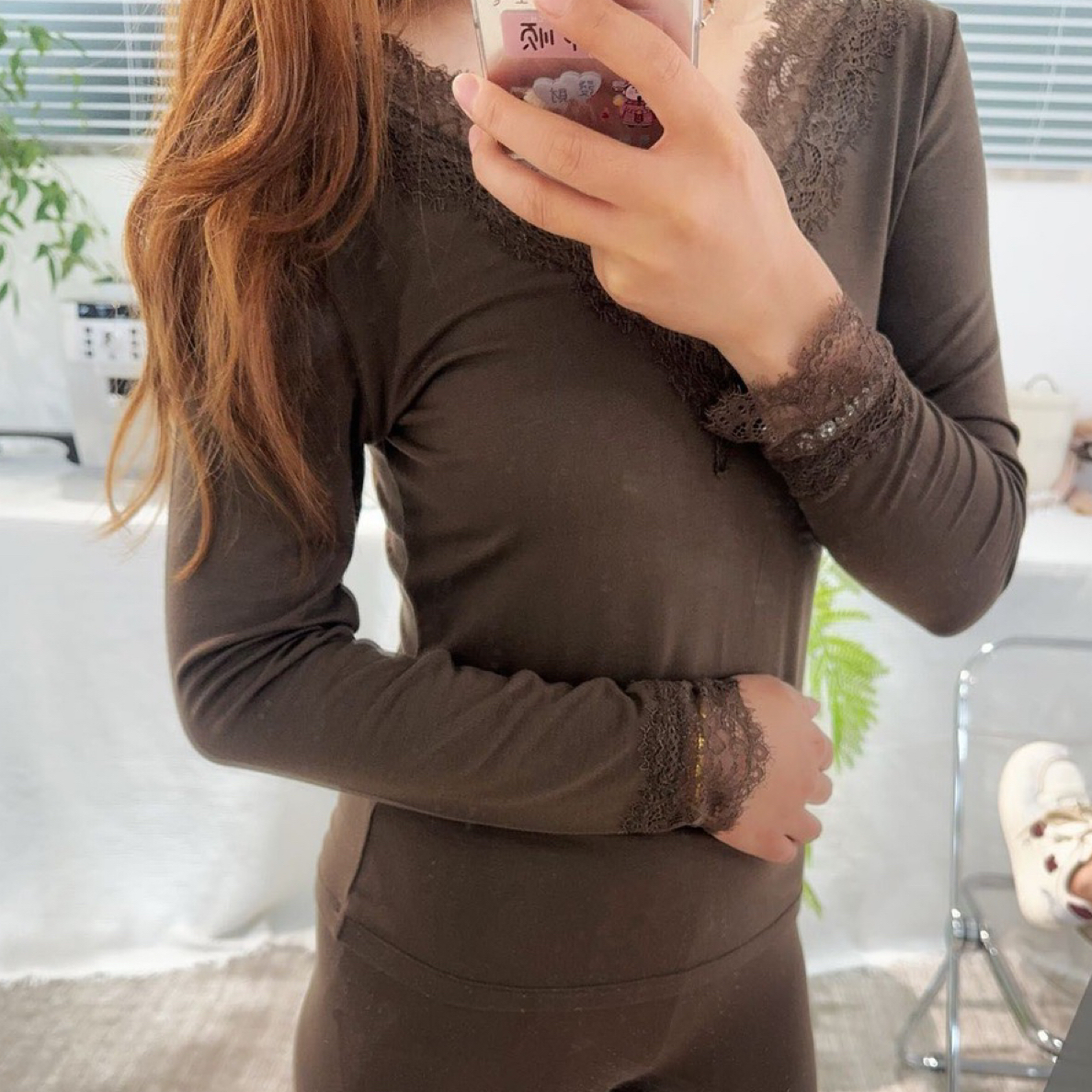 9006【定制羊毛轻肌衣】柔软美利诺羊毛V领蕾丝打底保暖女士套装