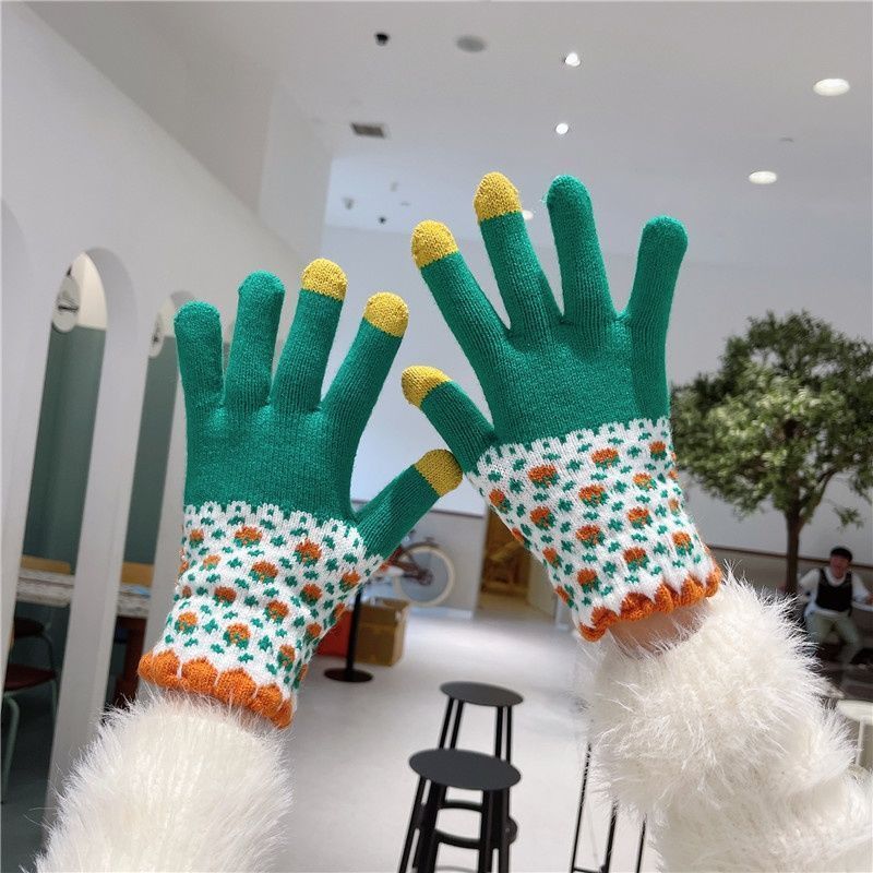 绿色加绒毛线针织拼色五指手套保暖
