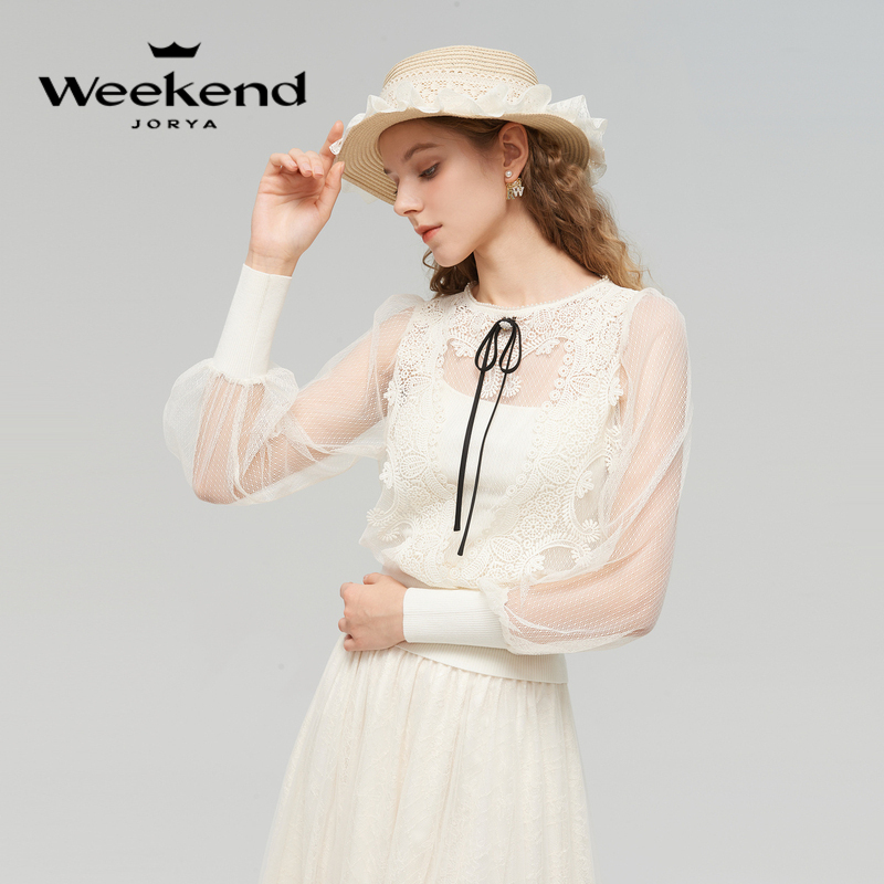 卓雅周末年春季新网纱拼接蝴蝶结针织衫EJWDAM05