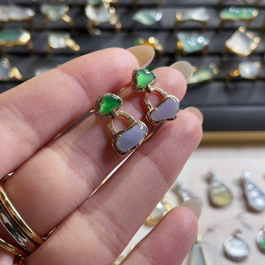 翡翠18K金镶嵌耳饰设计款紫绿随行耳饰 48小时鉴赏