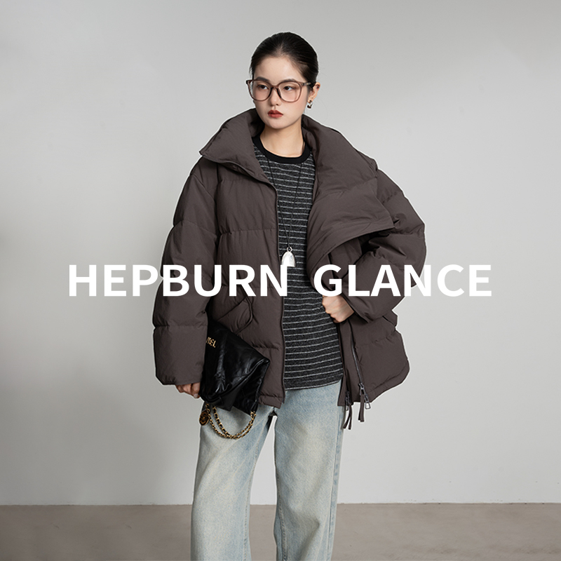 HG/不对称领设计_定纺面料90白鸭绒羽绒服女中长款加厚面包服外套
