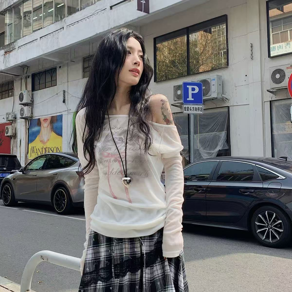 斜肩防晒两件套衫夏季新款猫咪薄款慵懒风宽松印花长袖T恤女上衣