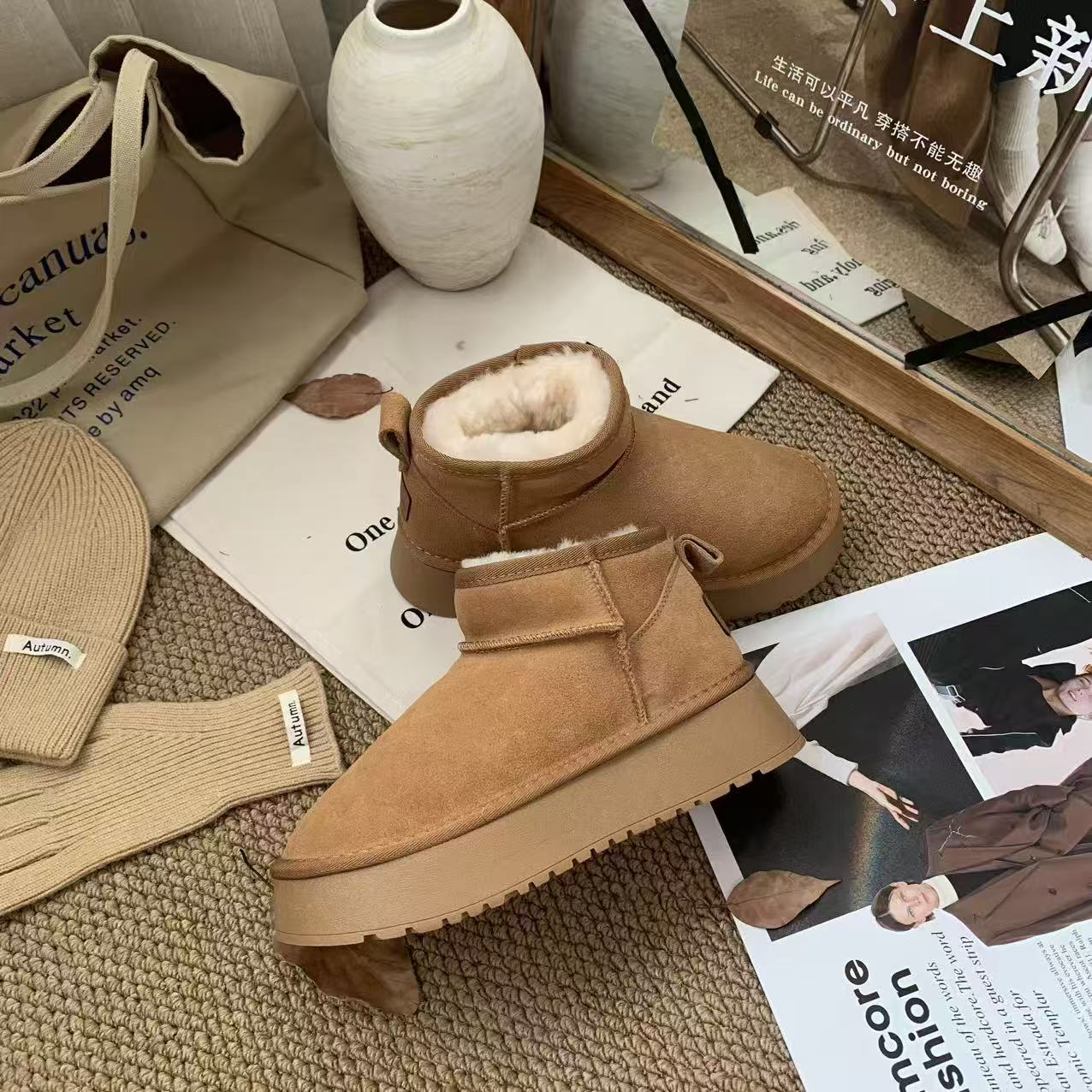 【媛媛の鞋店】周冬雨同款厚底雪地靴牛皮羊毛